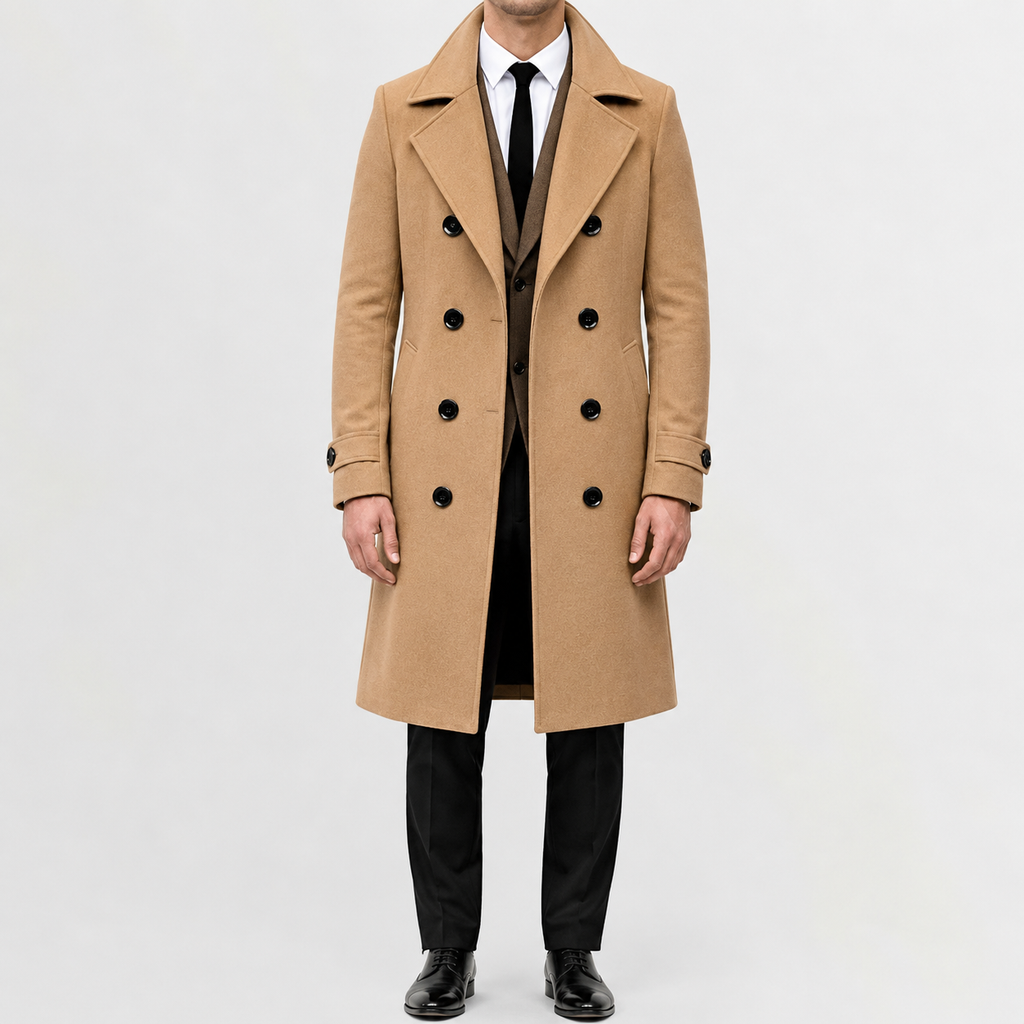 Men’s Trench Coat – Double Breasted Long Wool-Style Winter Overcoat