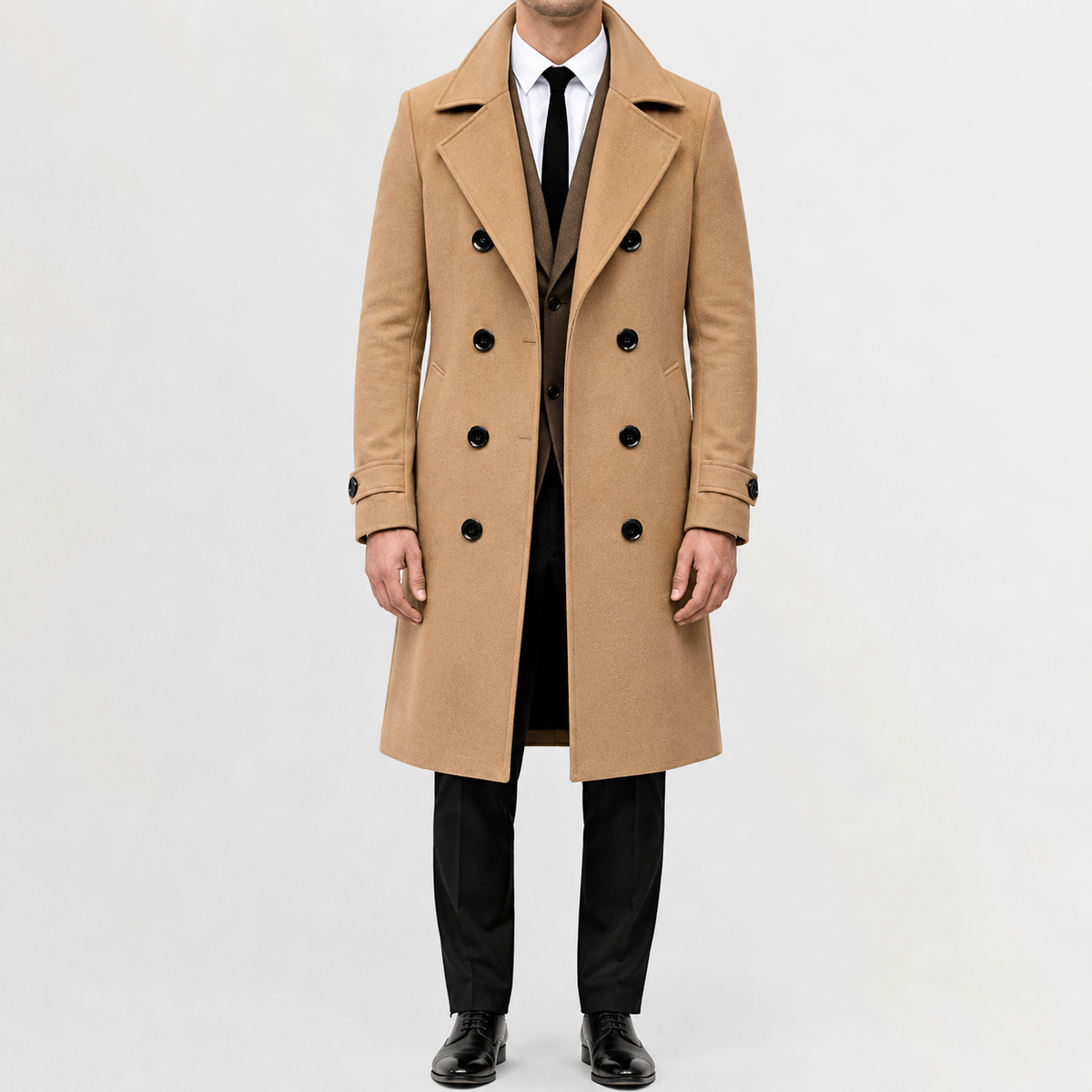 Men’s Trench Coat – Double Breasted Long Wool-Style Winter Overcoat