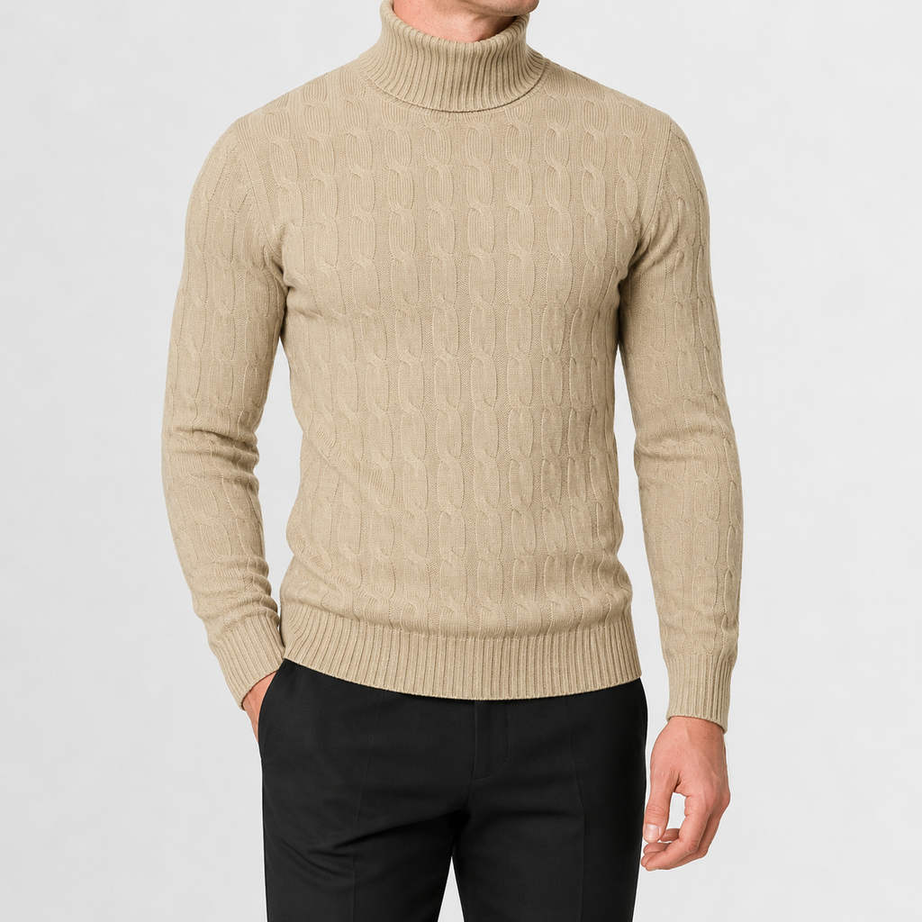 Men’s Cable Knit Jumper – Roll Neck Long Sleeve Knitted Pullover