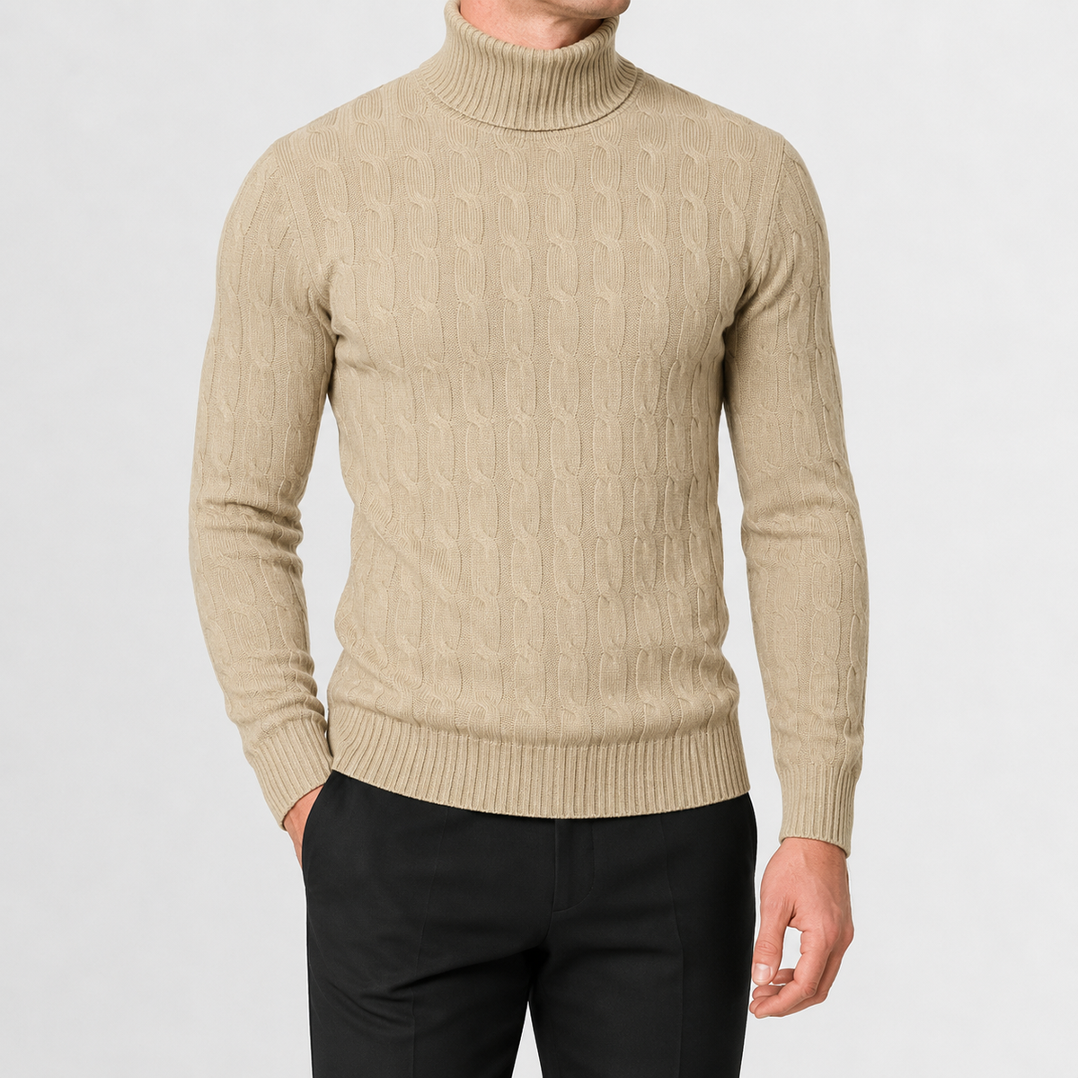 Men’s Cable Knit Jumper – Roll Neck Long Sleeve Knitted Pullover