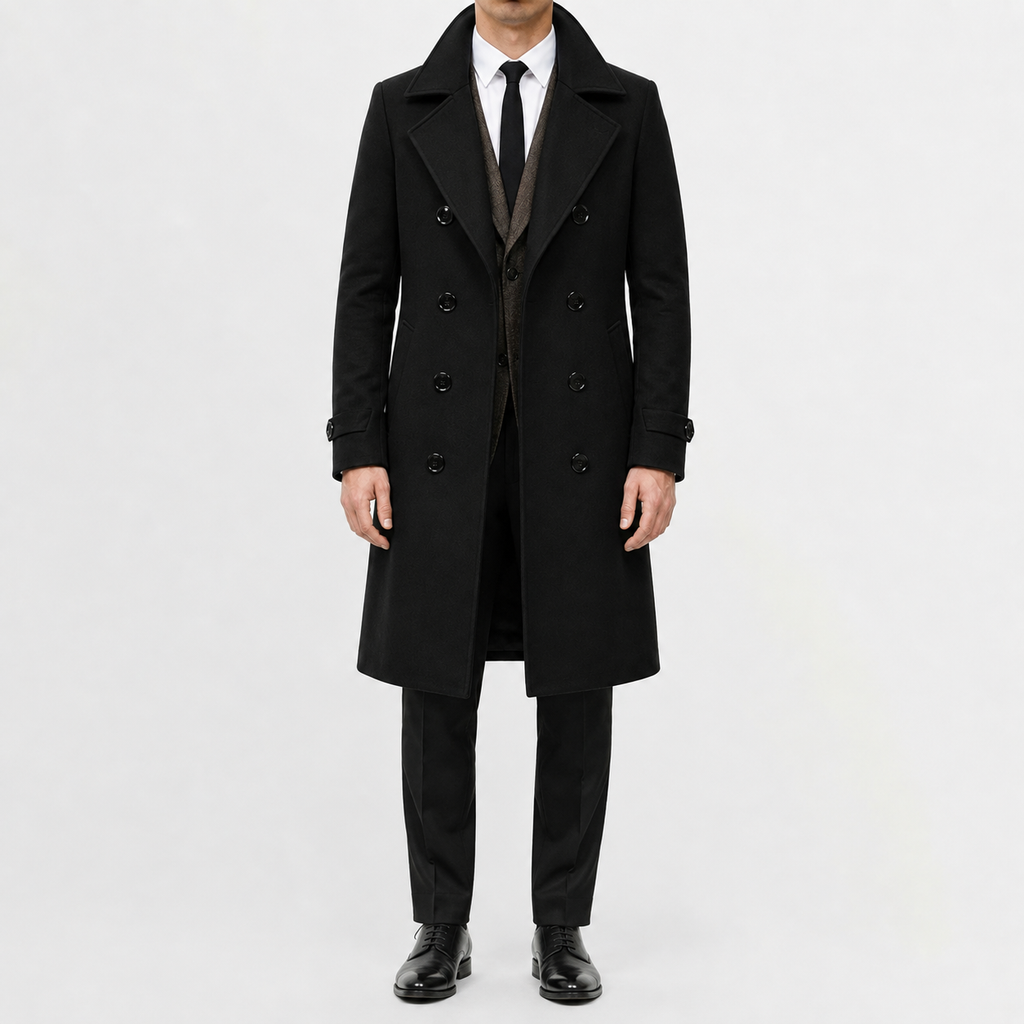 Men’s Trench Coat – Double Breasted Long Wool-Style Winter Overcoat