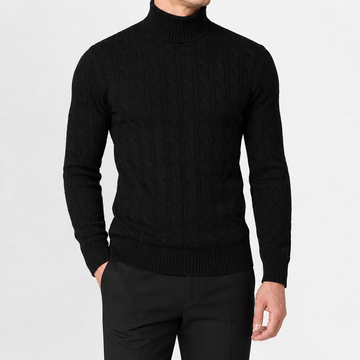Men’s Cable Knit Jumper – Roll Neck Long Sleeve Knitted Pullover