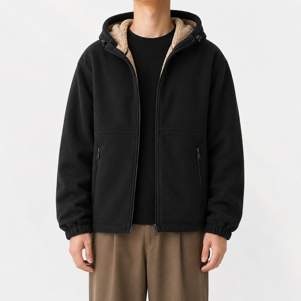 Men’s Fleece Jacket – Hooded Thickened Lambswool-Style Warm Cardigan Coat