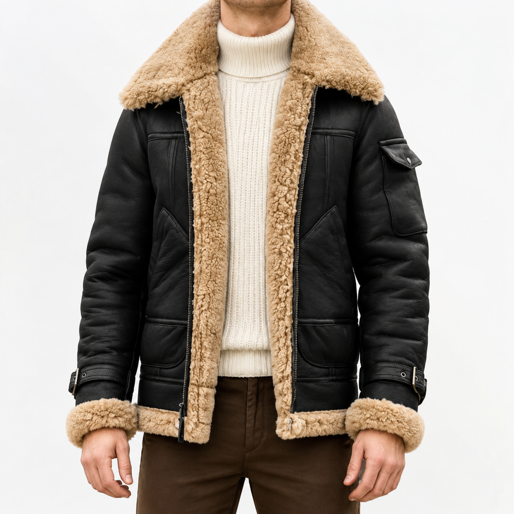 Men’s Leather Jacket – Faux Fur Lined Winter Coat with Thick Imitation Leather