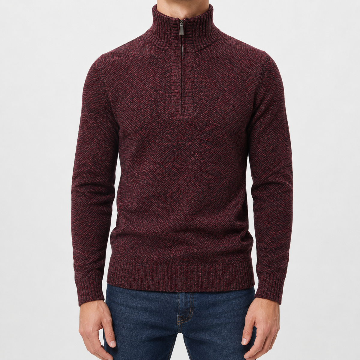 Men’s Quarter Zip Jumper – Plush High Neck Warm Knitted Pullover