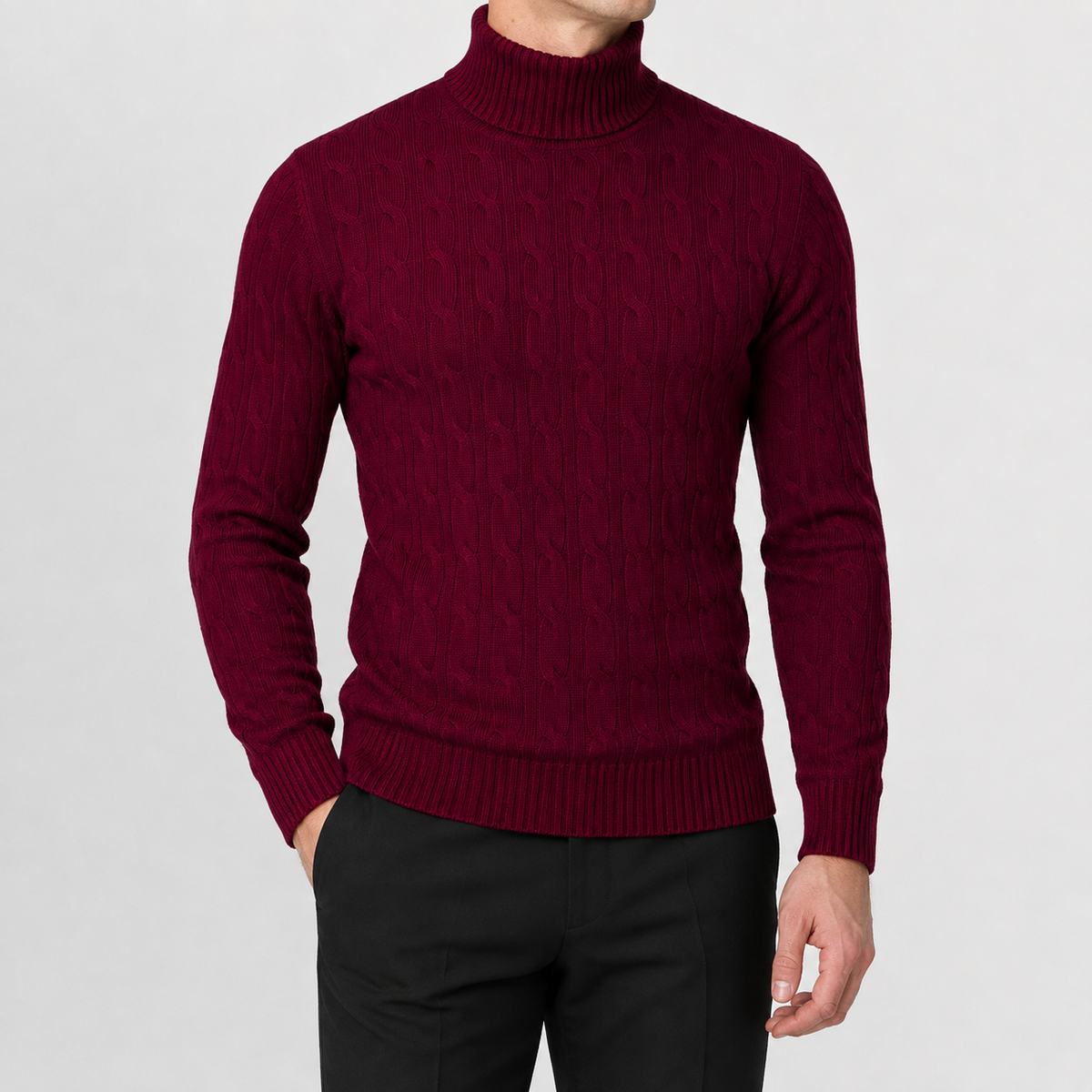 Men’s Cable Knit Jumper – Roll Neck Long Sleeve Knitted Pullover