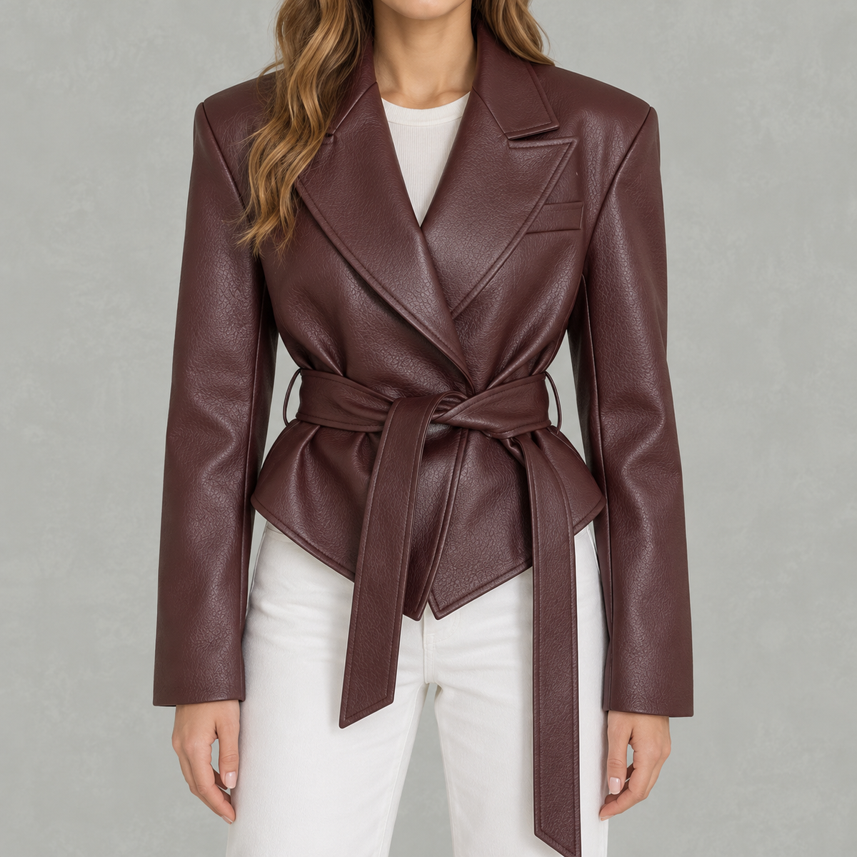 Women’s Leather Jacket – Belted Cropped Blazer with Wide Lapels
