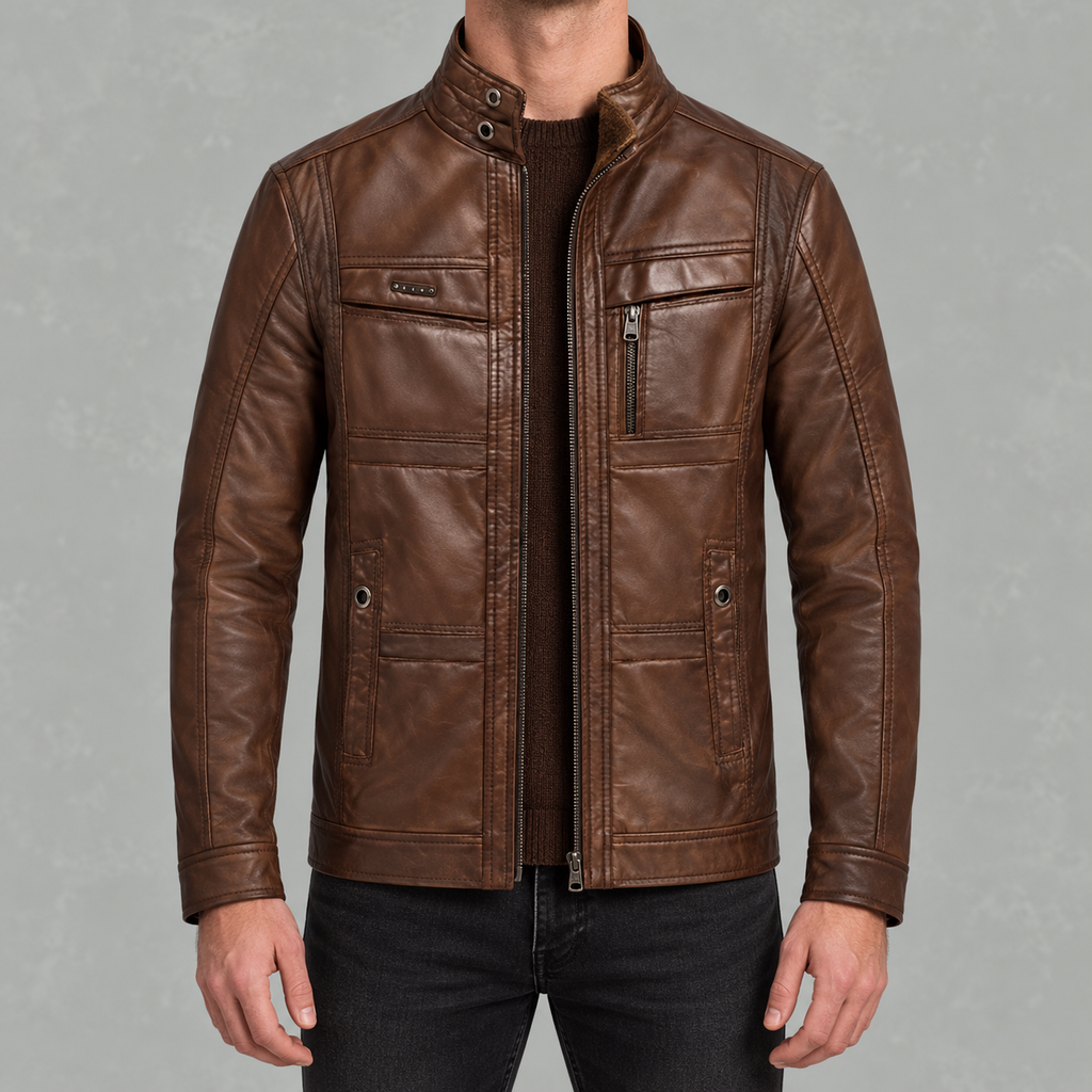Men’s Leather Jacket – Winter Fleece-Lined Motorcycle Jacket with Zip Pockets