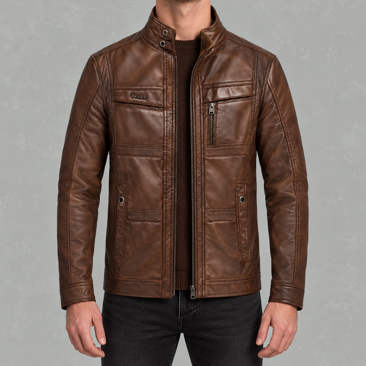 Men’s Leather Jacket – Winter Fleece-Lined Motorcycle Jacket with Zip Pockets