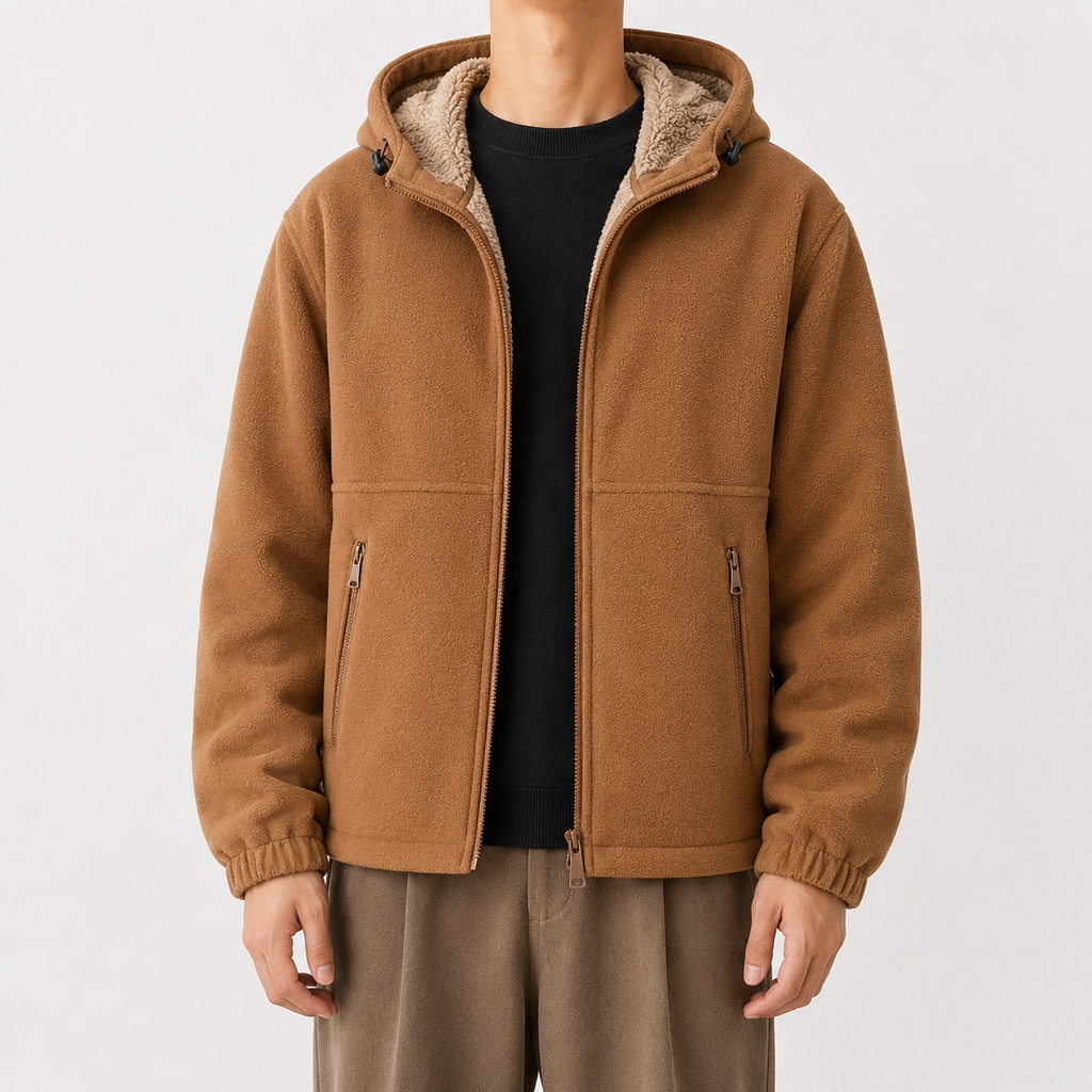 Men’s Fleece Jacket – Hooded Thickened Lambswool-Style Warm Cardigan Coat