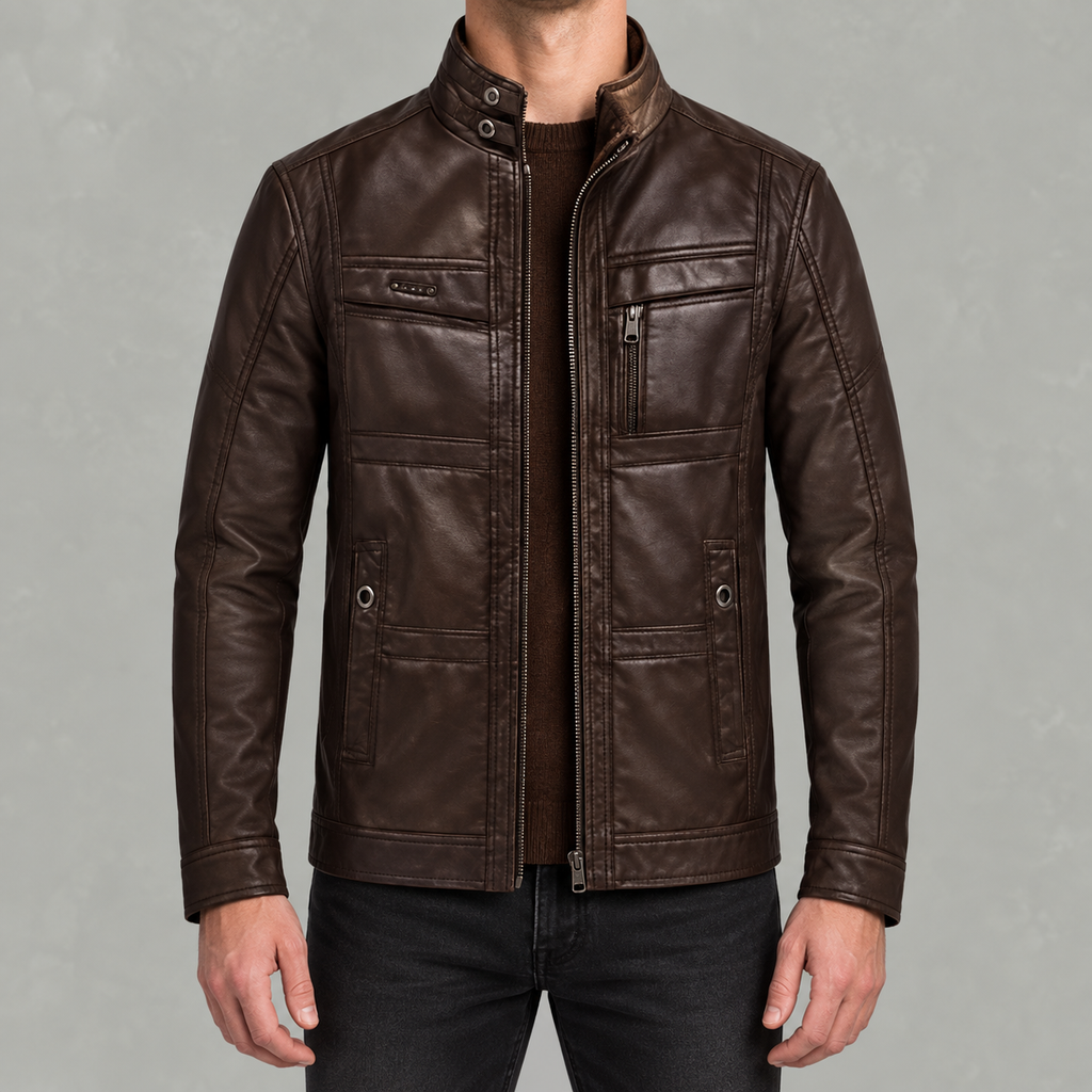 Men’s Leather Jacket – Winter Fleece-Lined Motorcycle Jacket with Zip Pockets