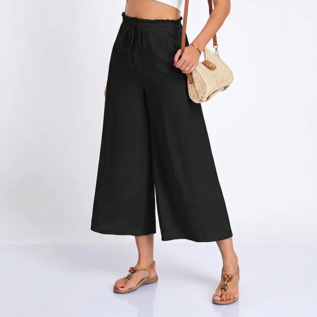 Women’s Wide Leg Trousers – Cropped Capri Trousers with Elasticated Waist and Pockets