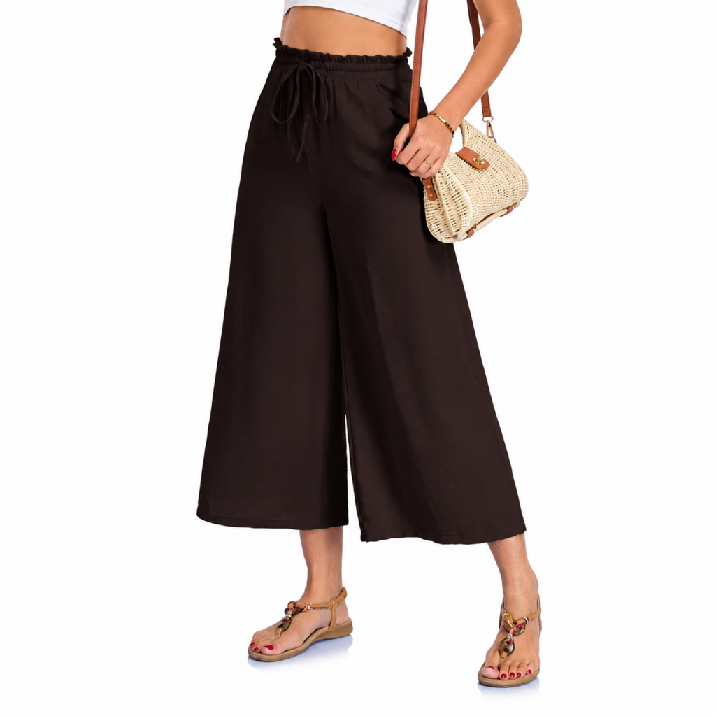 Women’s Wide Leg Trousers – Cropped Capri Trousers with Elasticated Waist and Pockets