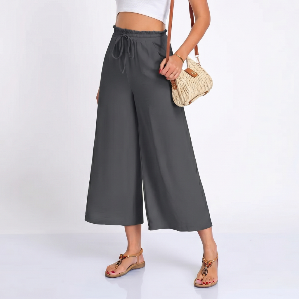 Women’s Wide Leg Trousers – Cropped Capri Trousers with Elasticated Waist and Pockets