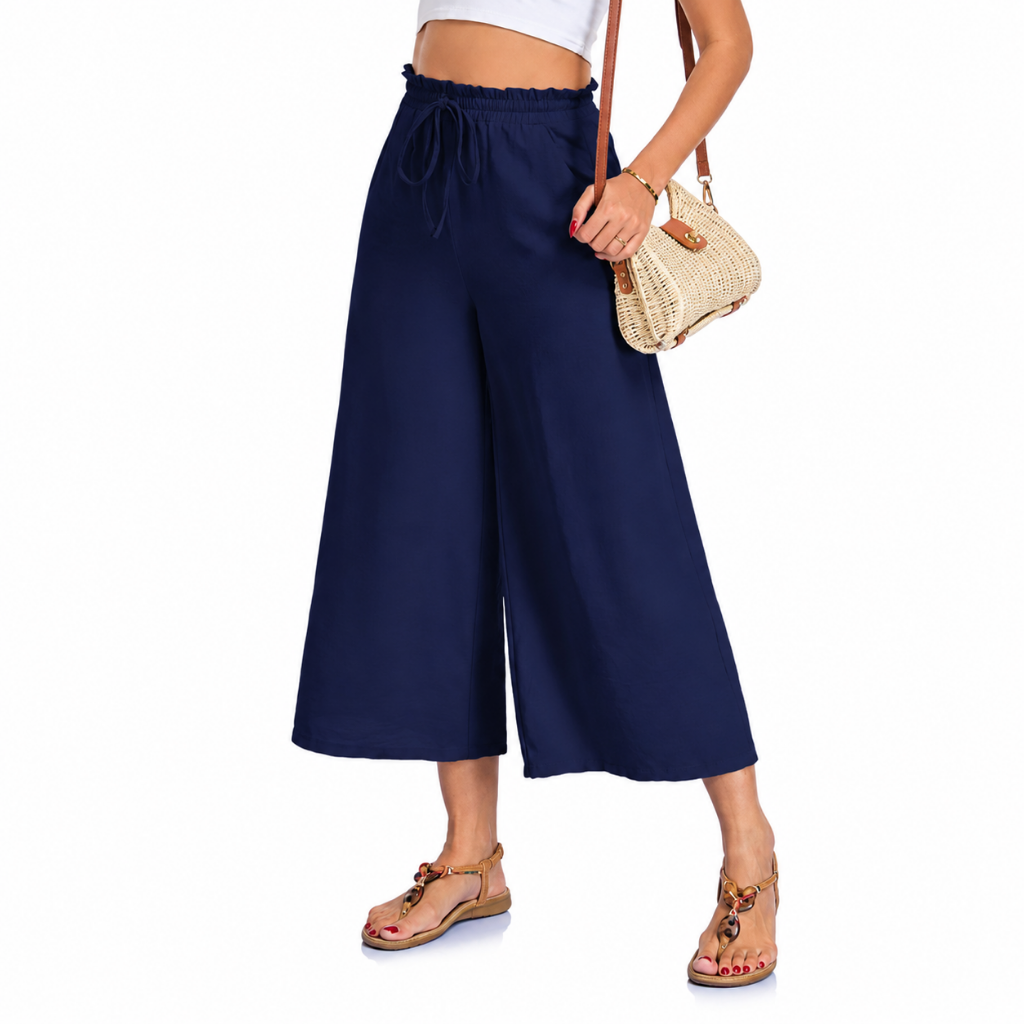 Women’s Wide Leg Trousers – Cropped Capri Trousers with Elasticated Waist and Pockets