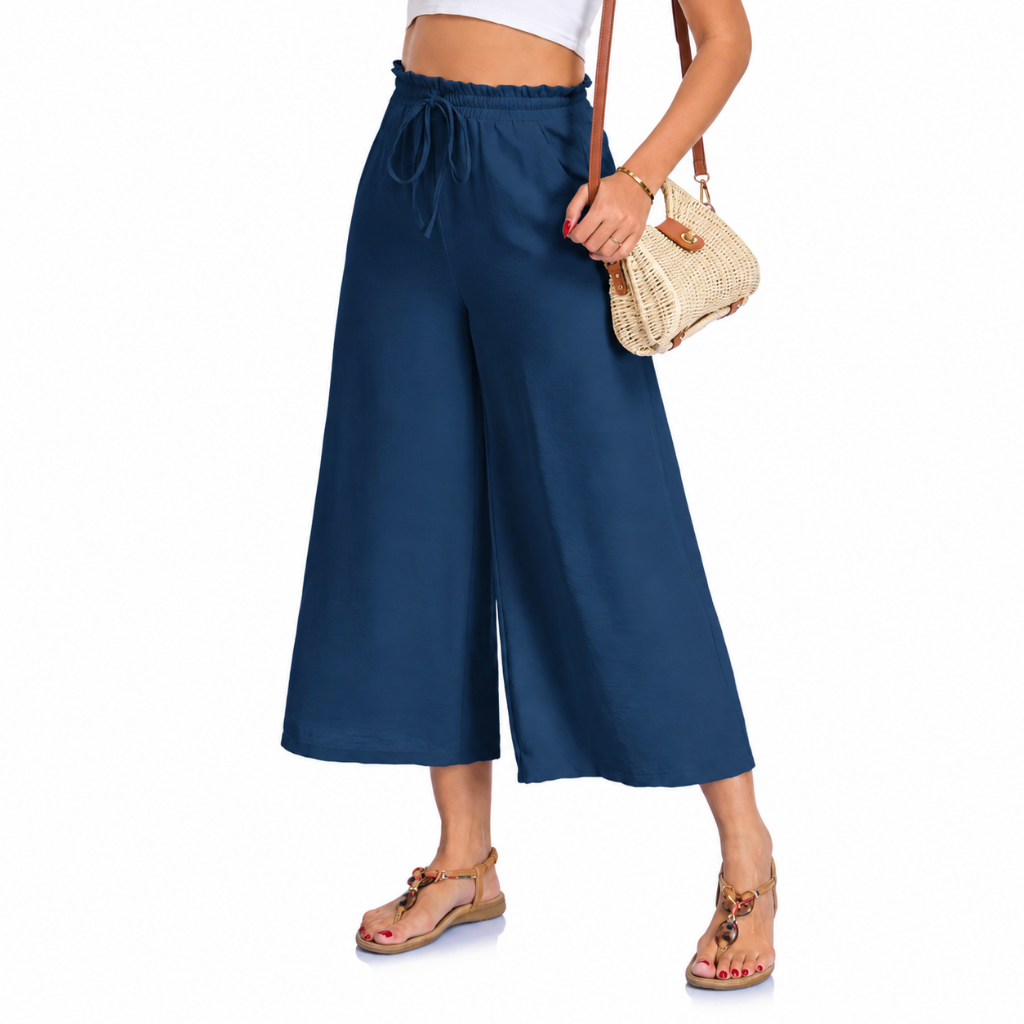 Women’s Wide Leg Trousers – Cropped Capri Trousers with Elasticated Waist and Pockets
