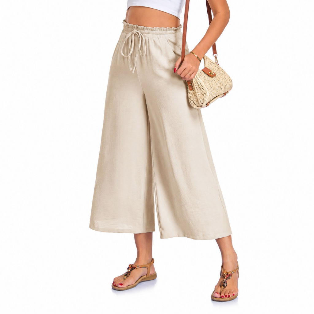 Women’s Wide Leg Trousers – Cropped Capri Trousers with Elasticated Waist and Pockets