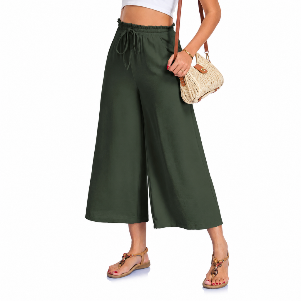 Women’s Wide Leg Trousers – Cropped Capri Trousers with Elasticated Waist and Pockets