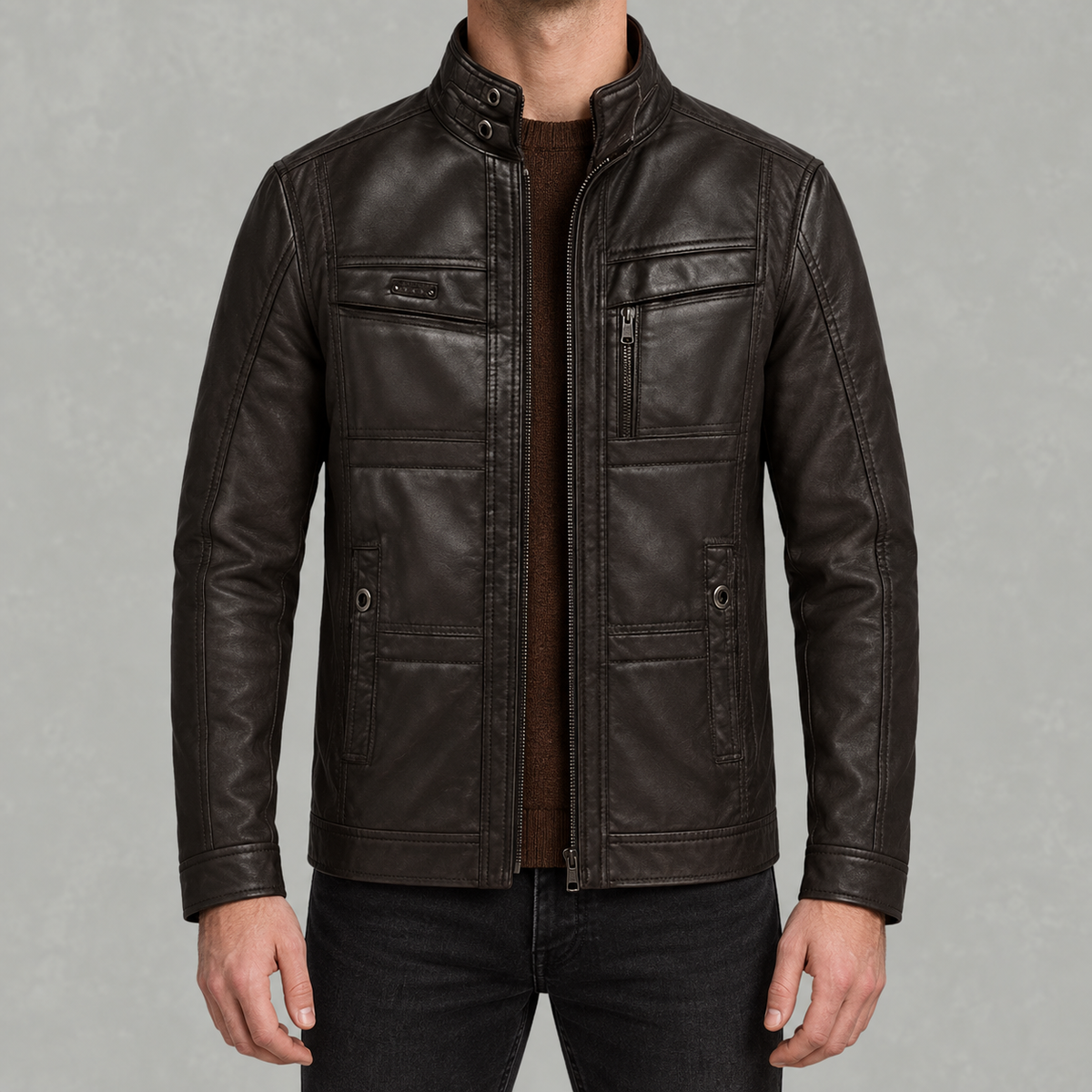 Men’s Leather Jacket – Winter Fleece-Lined Motorcycle Jacket with Zip Pockets