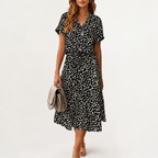 Women’s Polka Dot Maxi Dress – Short Sleeve Shirt Collar Long Dress