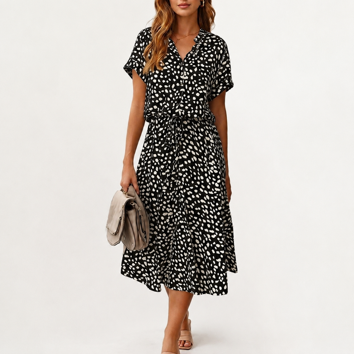 Women’s Polka Dot Maxi Dress – Short Sleeve Shirt Collar Long Dress