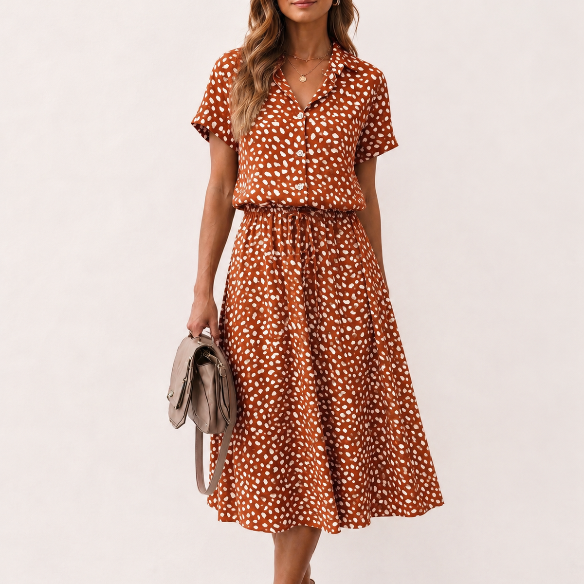 Women’s Polka Dot Maxi Dress – Short Sleeve Shirt Collar Long Dress