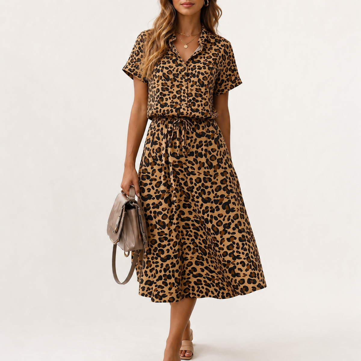 Women’s Polka Dot Maxi Dress – Short Sleeve Shirt Collar Long Dress