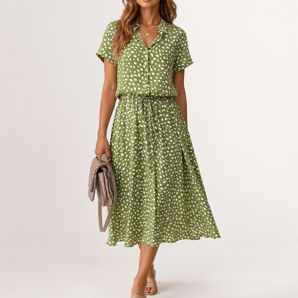 Women’s Polka Dot Maxi Dress – Short Sleeve Shirt Collar Long Dress