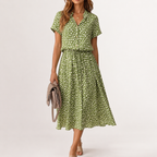 Women’s Polka Dot Maxi Dress – Short Sleeve Shirt Collar Long Dress