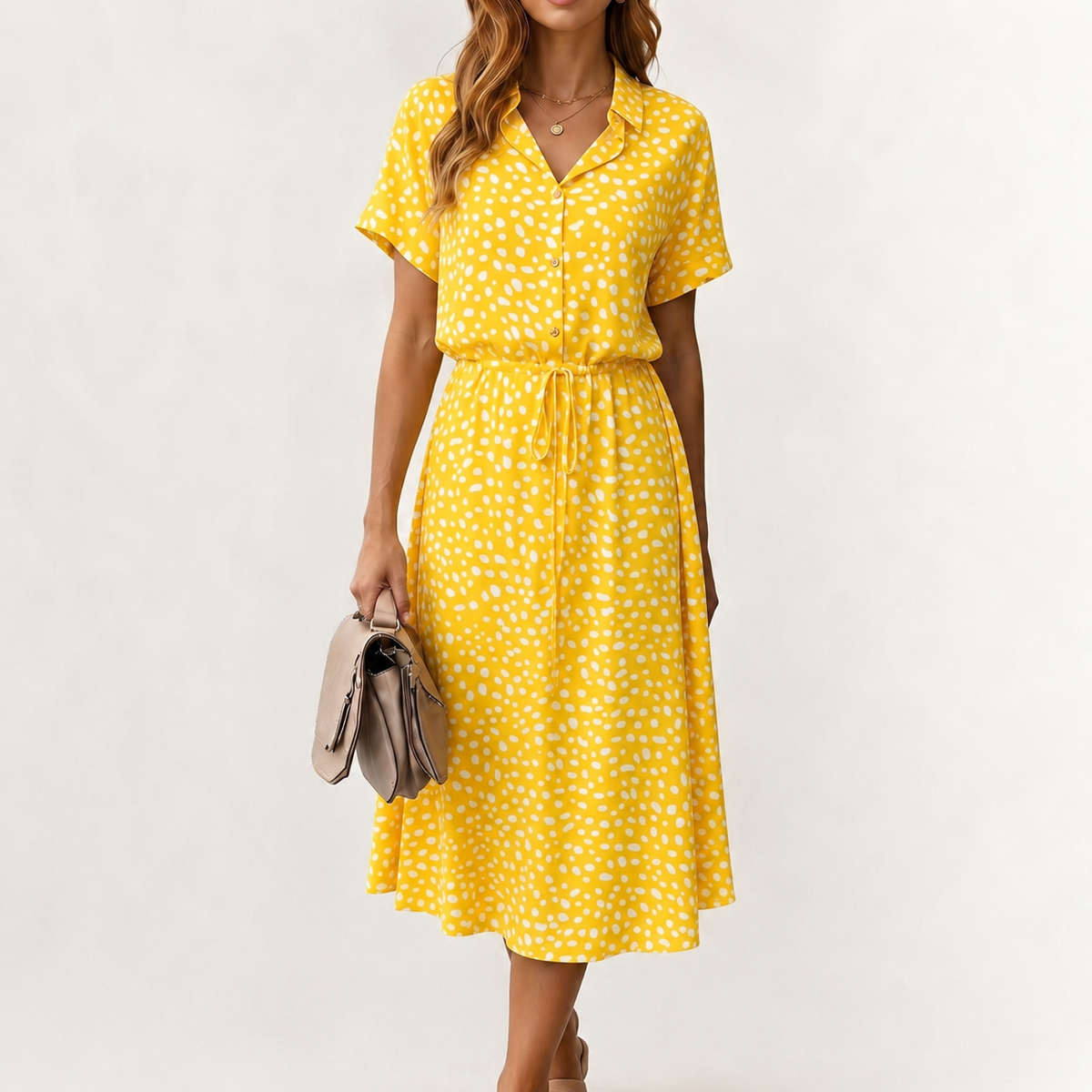 Women’s Polka Dot Maxi Dress – Short Sleeve Shirt Collar Long Dress