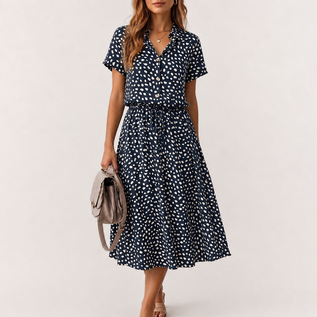 Women’s Polka Dot Maxi Dress – Short Sleeve Shirt Collar Long Dress