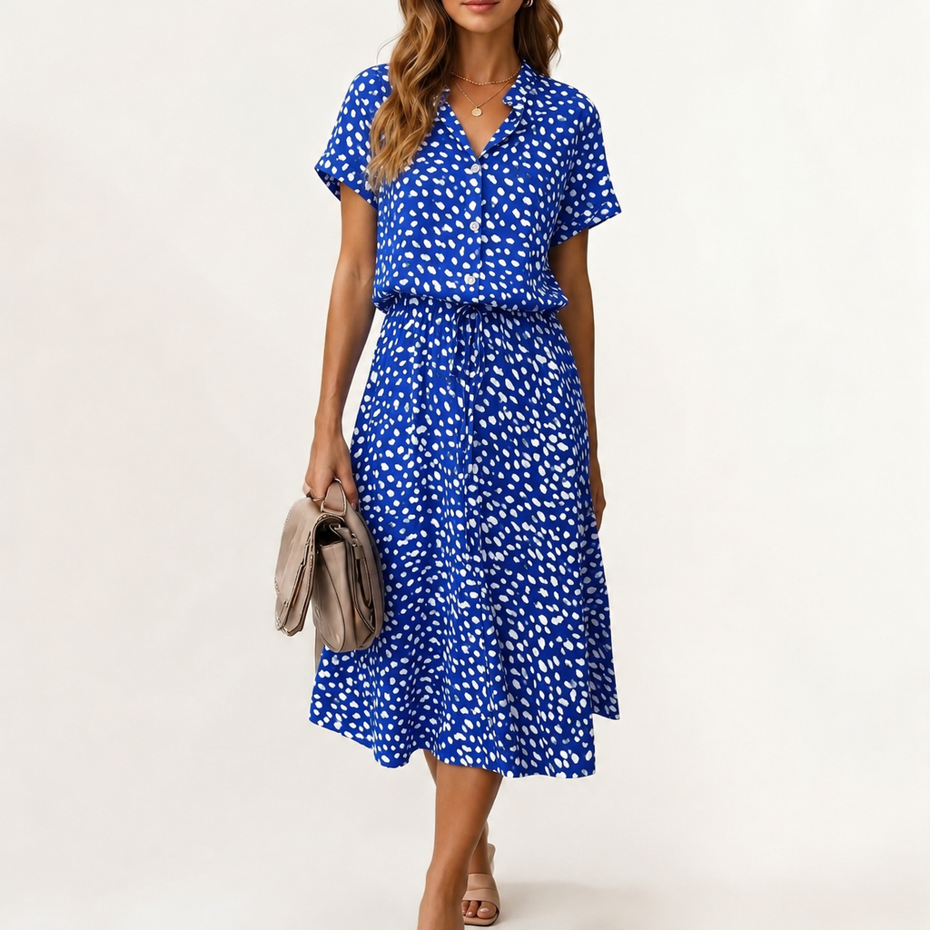 Women’s Polka Dot Maxi Dress – Short Sleeve Shirt Collar Long Dress