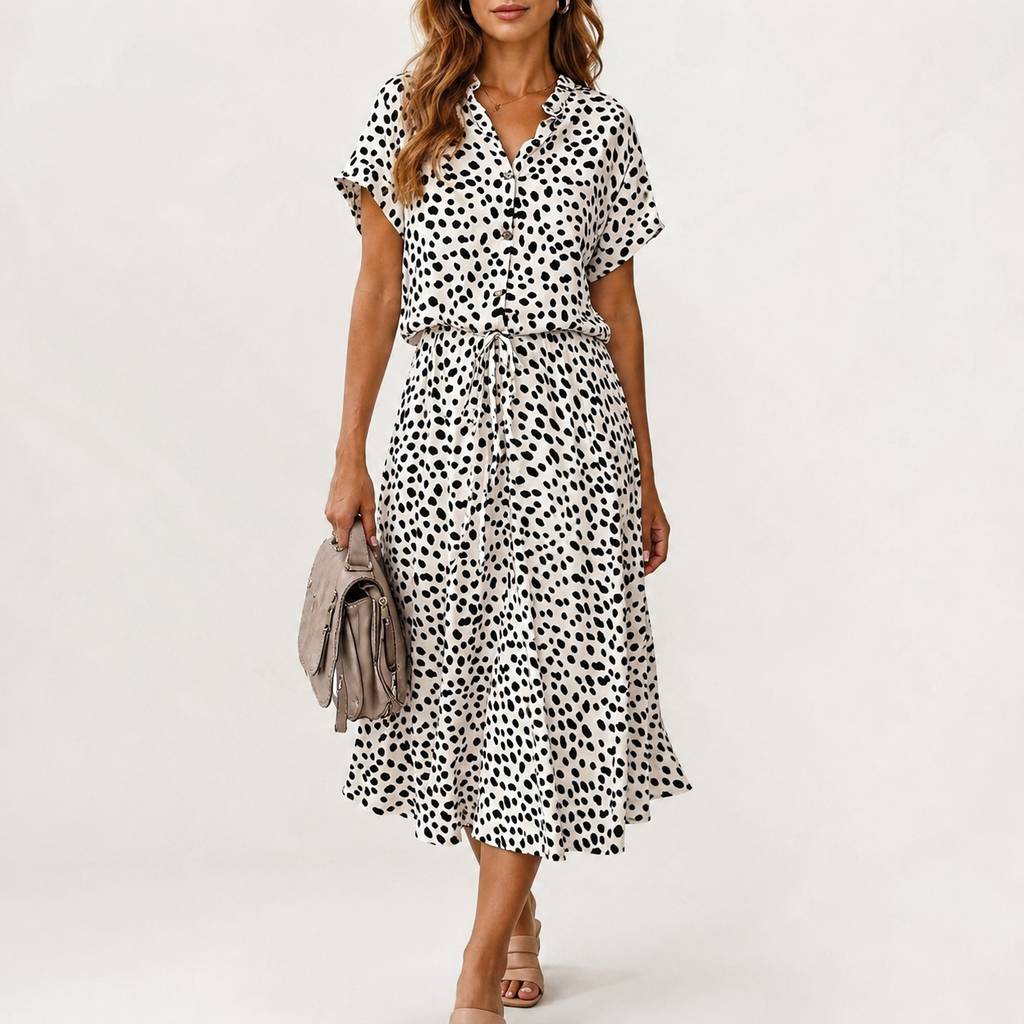 Women’s Polka Dot Maxi Dress – Short Sleeve Shirt Collar Long Dress