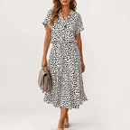 Women’s Polka Dot Maxi Dress – Short Sleeve Shirt Collar Long Dress