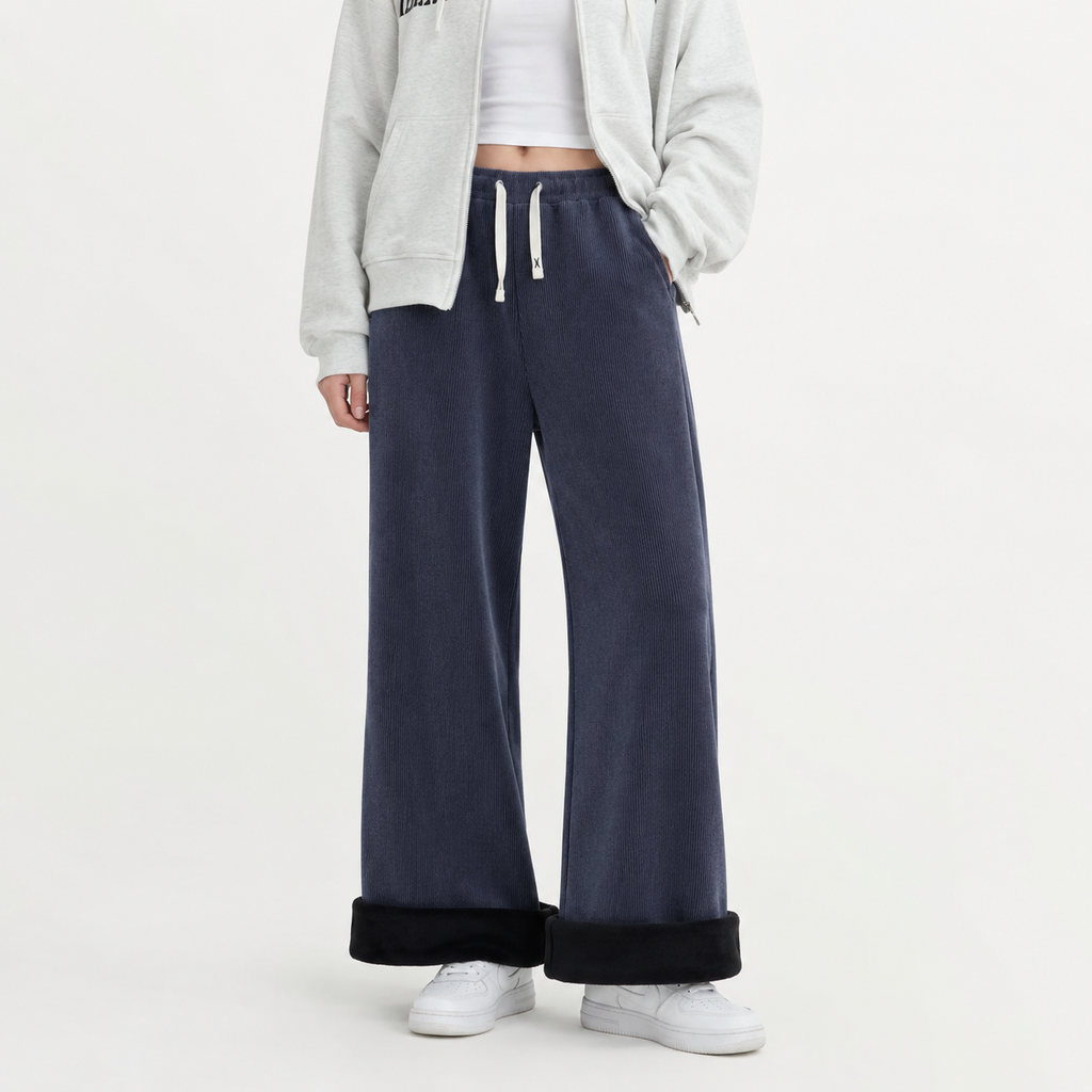Women’s Corduroy Trousers – Fleece Lined Wide Leg Winter Trousers