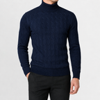 Men’s Cable Knit Jumper – Roll Neck Long Sleeve Knitted Pullover