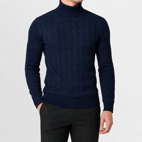 Men’s Cable Knit Jumper – Roll Neck Long Sleeve Knitted Pullover