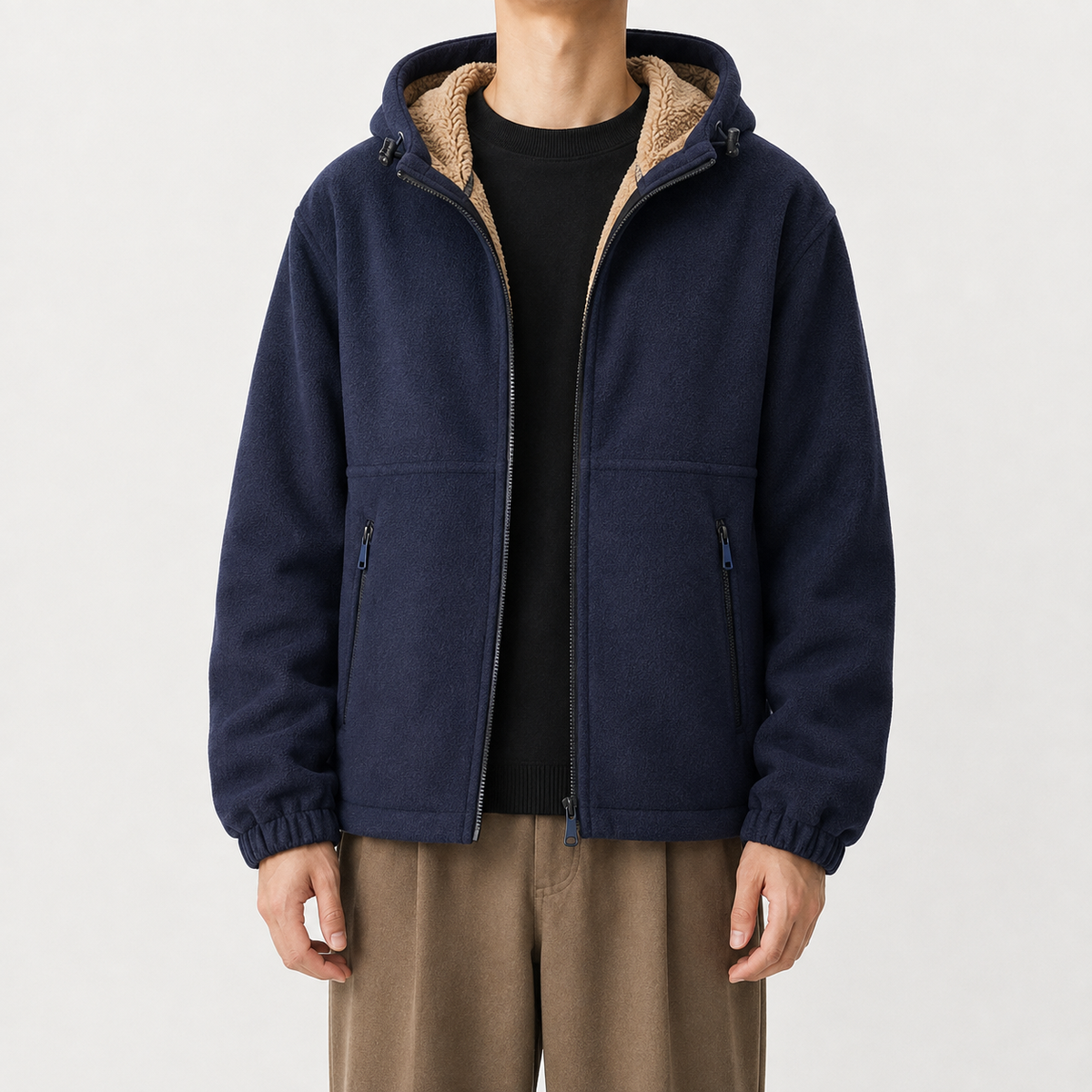 Men’s Fleece Jacket – Hooded Thickened Lambswool-Style Warm Cardigan Coat