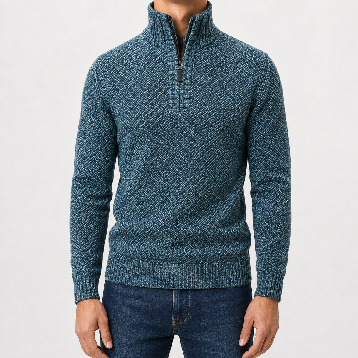 Men’s Quarter Zip Jumper – Plush High Neck Warm Knitted Pullover