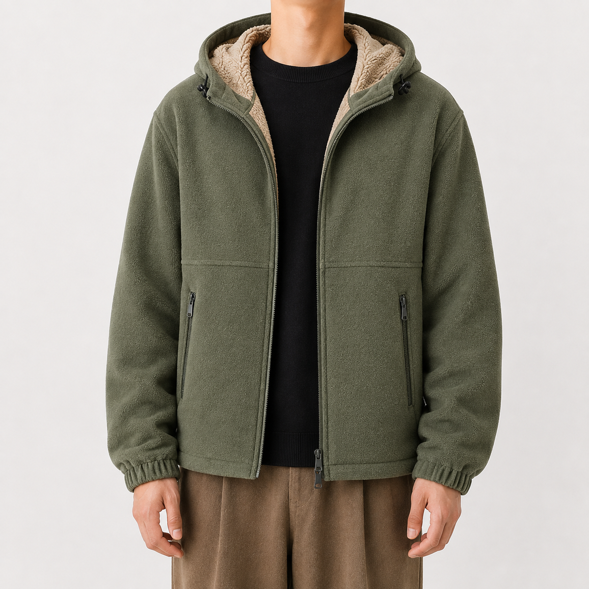 Men’s Fleece Jacket – Hooded Thickened Lambswool-Style Warm Cardigan Coat