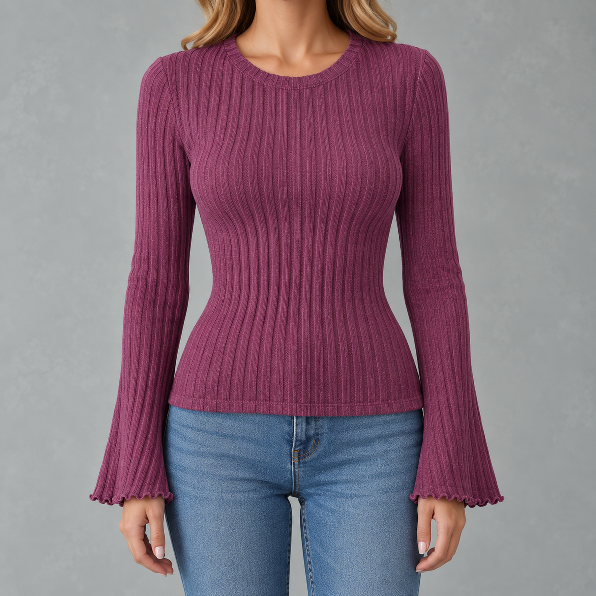 Women’s Ribbed Top – Brushed Crew Neck Long Sleeve Fitted Jumper