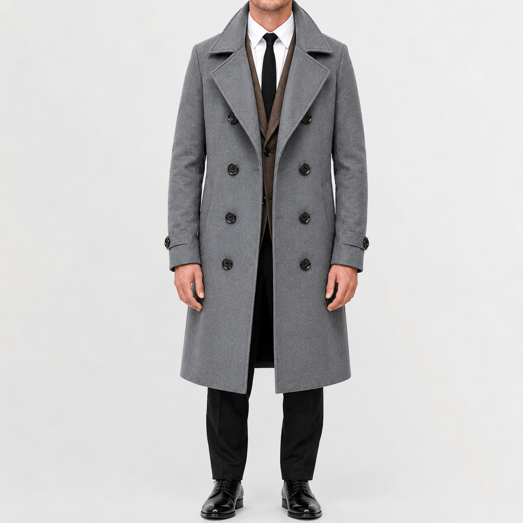 Men’s Trench Coat – Double Breasted Long Wool-Style Winter Overcoat