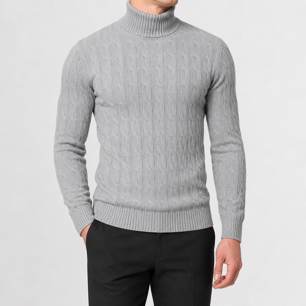 Men’s Cable Knit Jumper – Roll Neck Long Sleeve Knitted Pullover