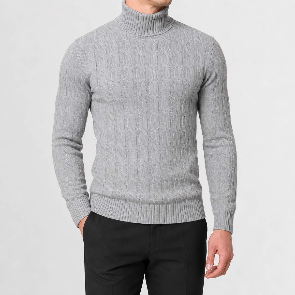 Men’s Cable Knit Jumper – Roll Neck Long Sleeve Knitted Pullover