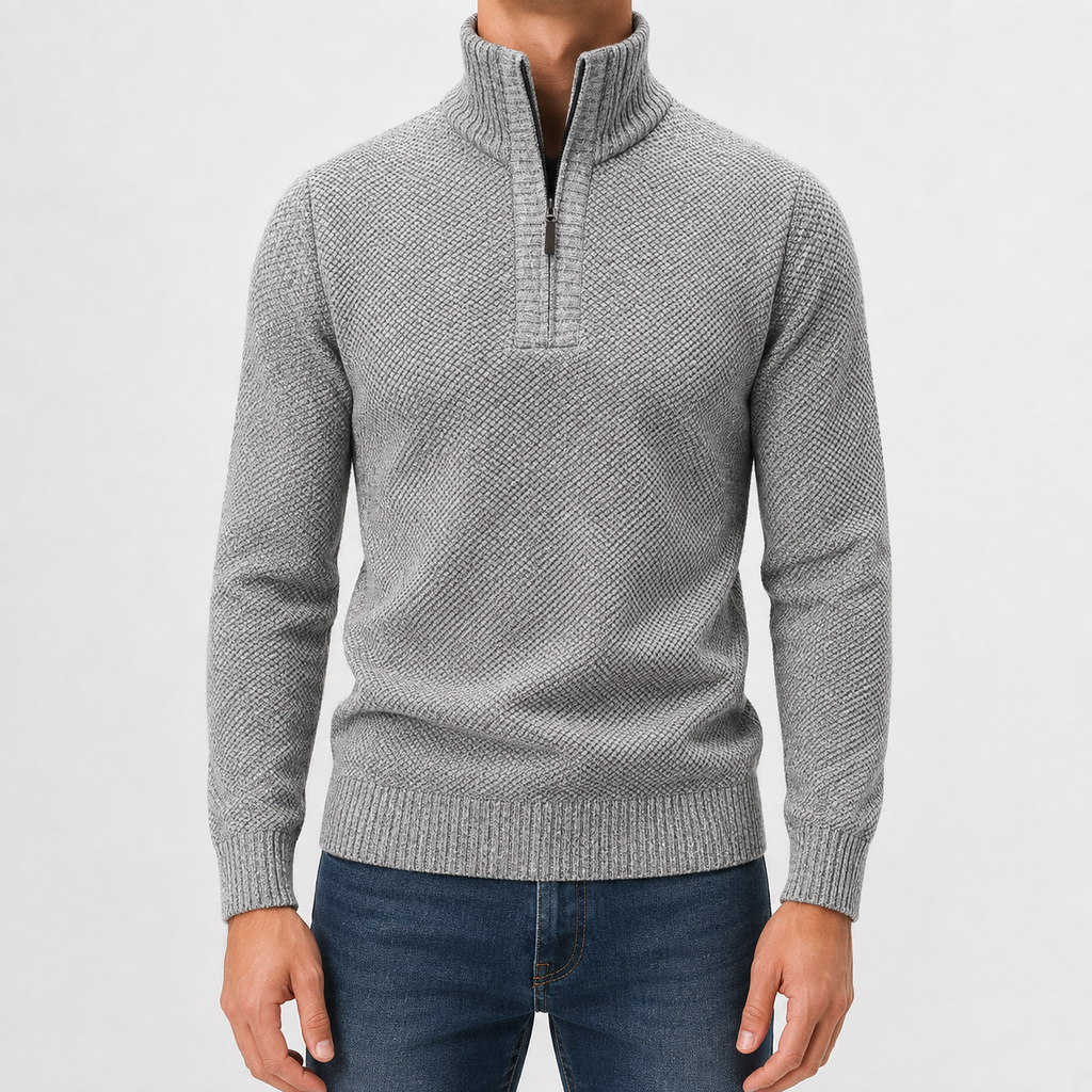 Men’s Quarter Zip Jumper – Plush High Neck Warm Knitted Pullover