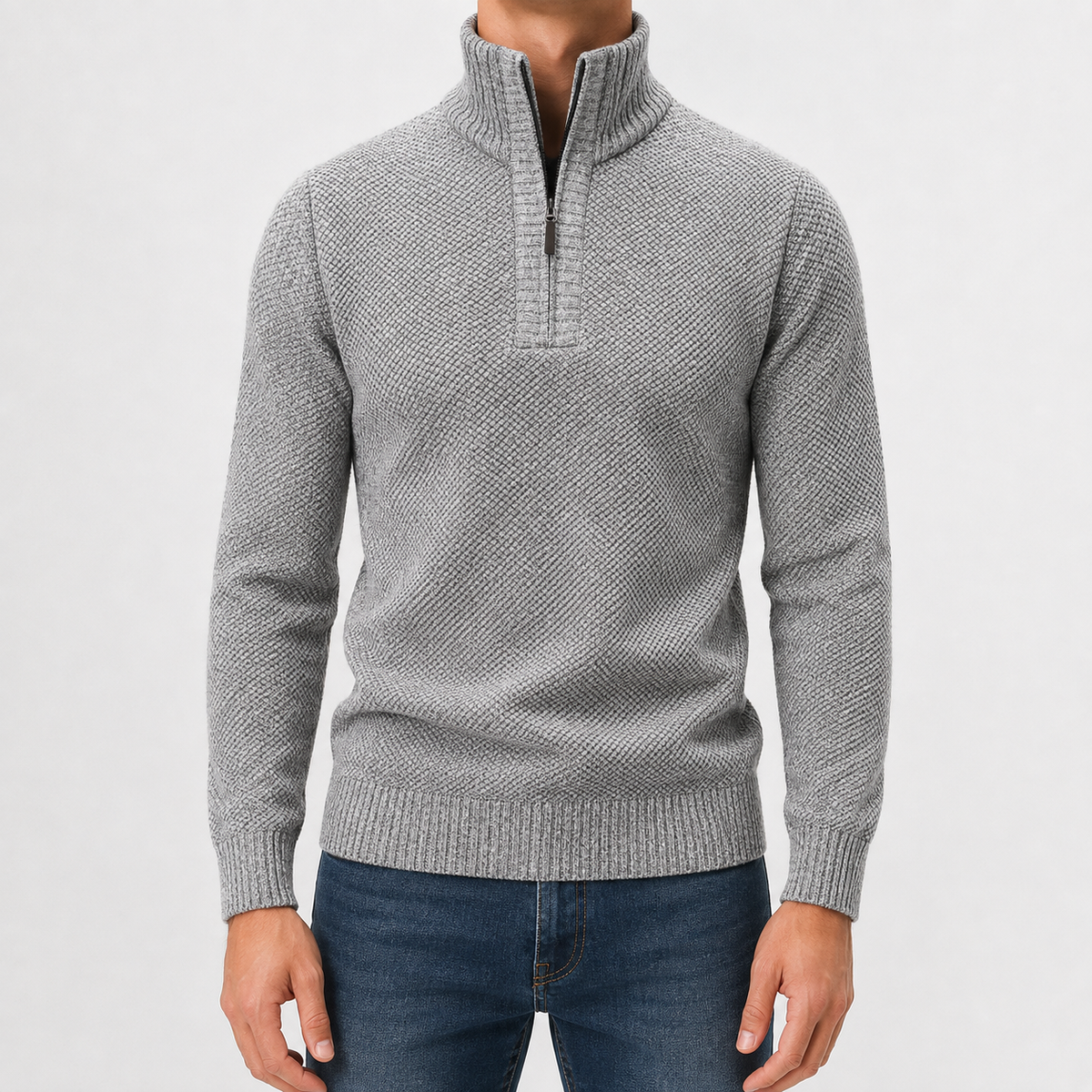 Men’s Quarter Zip Jumper – Plush High Neck Warm Knitted Pullover