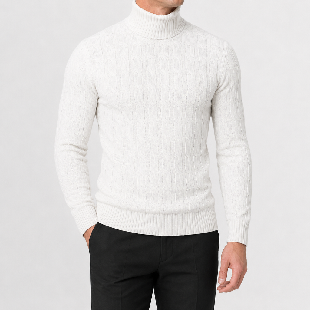 Men’s Cable Knit Jumper – Roll Neck Long Sleeve Knitted Pullover