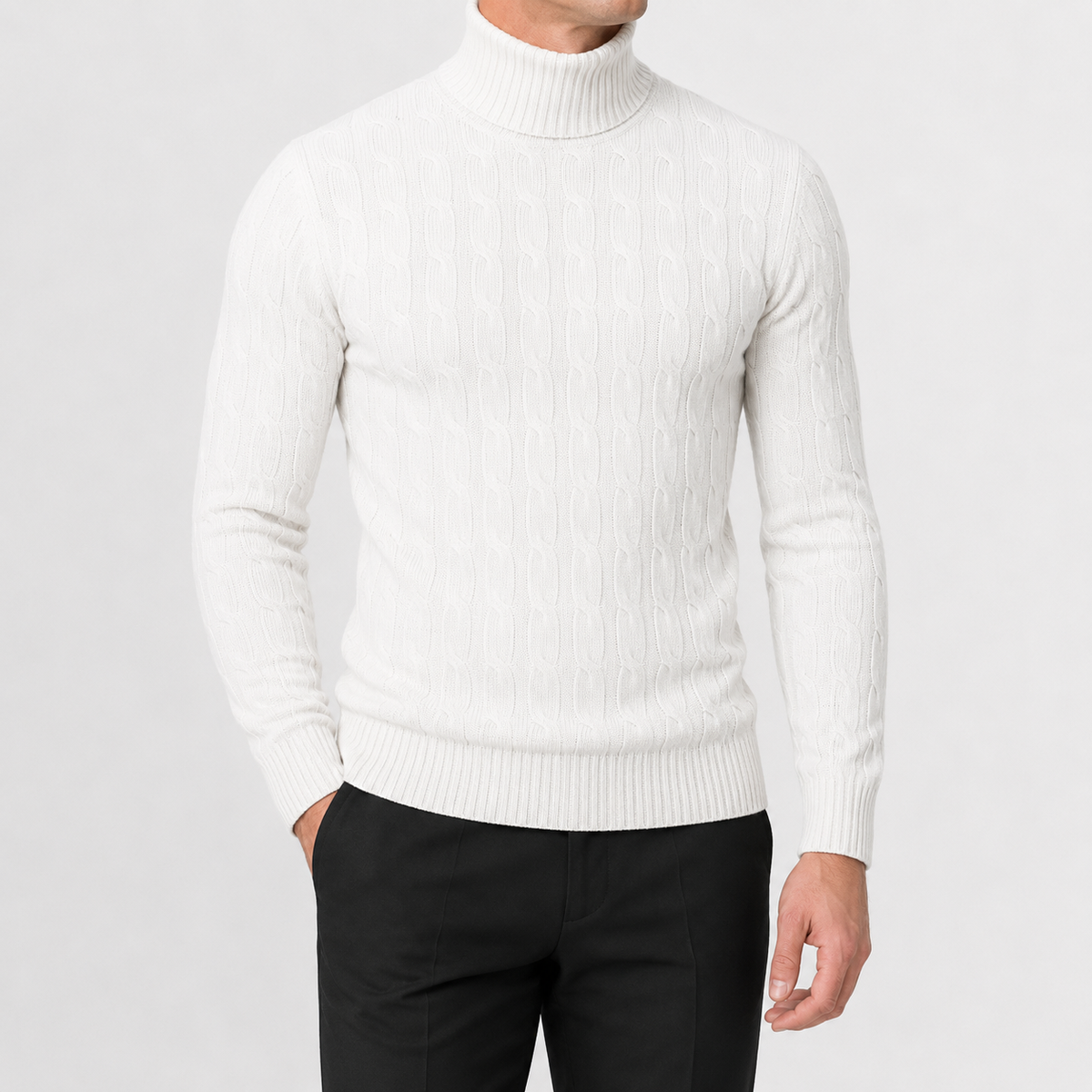 Men’s Cable Knit Jumper – Roll Neck Long Sleeve Knitted Pullover