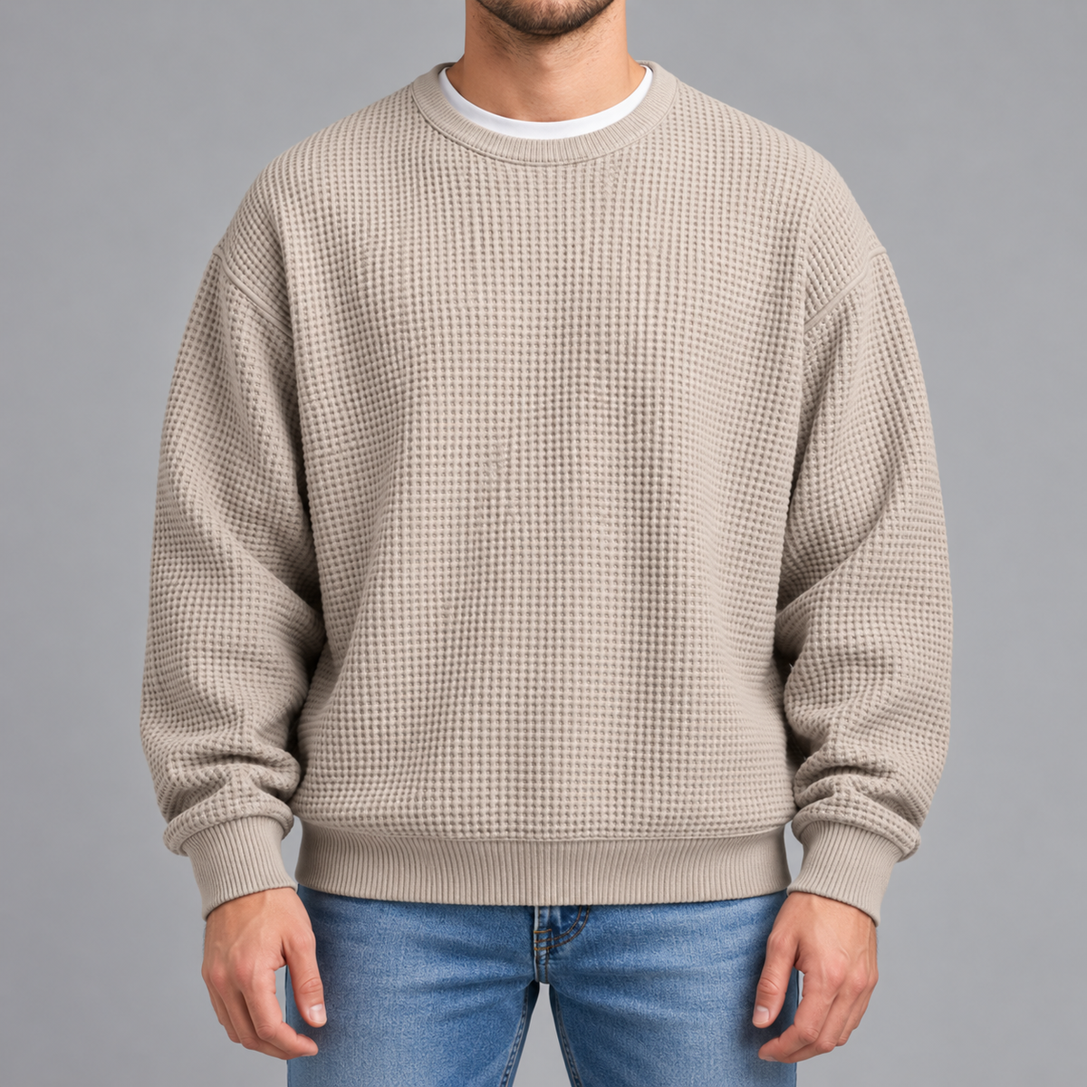 Men’s Waffle Knit Jumper – Relaxed Fit Textured Long Sleeve Pullover