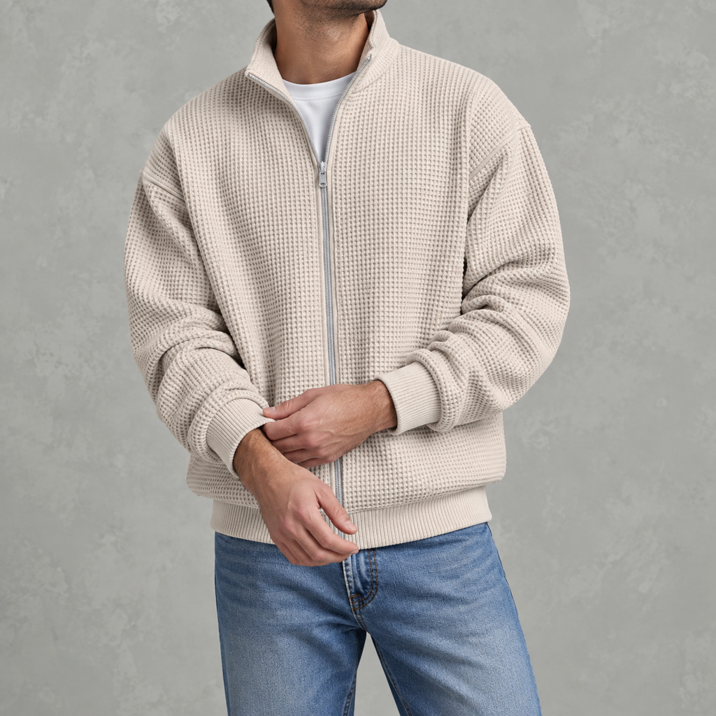 Men’s Waffle Knit Jacket – Stand Collar Full Zip Textured Casual Jacket